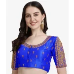 Generic Women's Phantom Silk Woven Round Neck Short Sleeve Readymade Blouse (Royal Blue, Free Size)