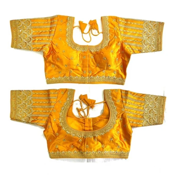 Generic Women's Phantom Silk Embroidery Round Neck Short Sleeve Readymade Blouse (Yellow, Free Size)