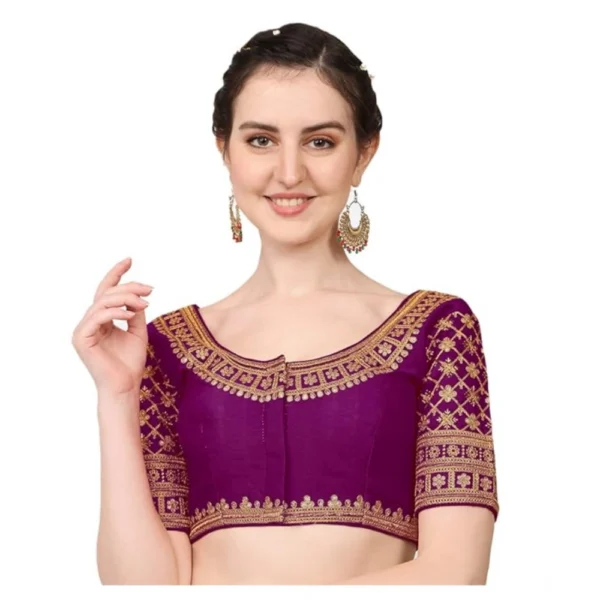 Generic Women's Silk Embroidery Coding Round Neck Short Sleeve Readymade Blouse (Purple, Free Size)