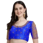 Generic Women's Phantom Silk Woven Round Neck Short Sleeve Readymade Blouse (Royal Blue, Free Size) - Image 2