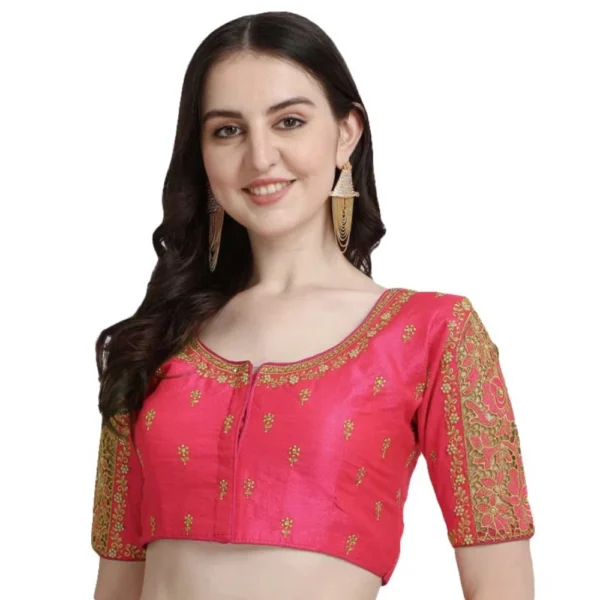 Generic Women's Phantom Silk Woven Round Neck Short Sleeve Readymade Blouse (Peach, Free Size)