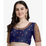 Generic Women's Phantom Silk Woven Round Neck Short Sleeve Readymade Blouse (Blue, Free Size)