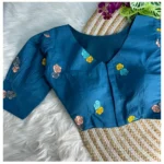 Generic Women's Khadi Cotton Embroidery V Neck Short Sleeve Readymade Blouse (Blue, Free Size) - Image 2