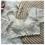 Generic Women's Khadi Cotton Embroidery Round Neck Short Sleeve Readymade Blouse (White, Free Size)