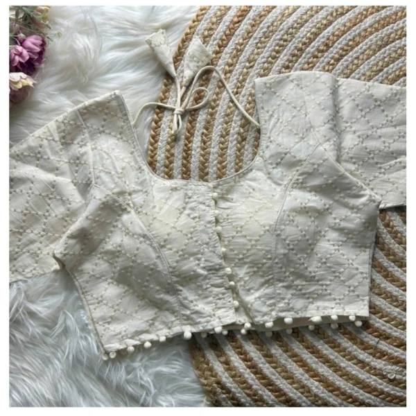 Generic Women's Khadi Cotton Embroidery Round Neck Short Sleeve Readymade Blouse (White, Free Size)