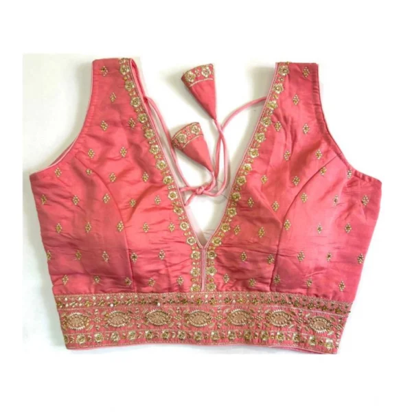 Generic Women's Silk Thread work V Neck Sleeve Less Readymade Blouse (Peach, Free Size)