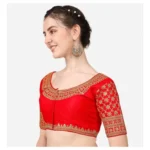 Generic Women's Silk Embroidery Coding Round Neck Short Sleeve Readymade Blouse (Red, Free Size) - Image 2