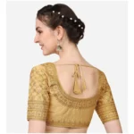 Generic Women's Silk Embroidery Coding Round Neck Short Sleeve Readymade Blouse (Golden, Free Size) - Image 3