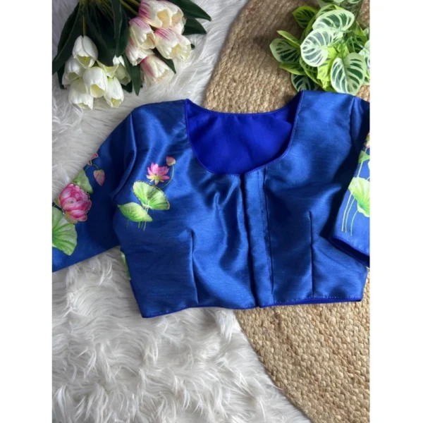 Generic Women's Silk Hand Work Round Neck Short Sleeve Readymade Blouse (Blue, Free Size)