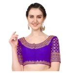 Generic Women's Silk Embroidery Coding Round Neck Short Sleeve Readymade Blouse (Blue, Free Size)