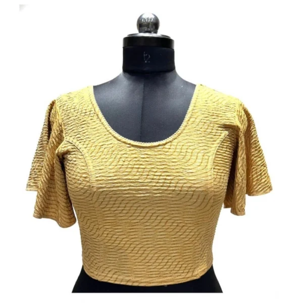 Generic Women's Lycra  Printed Round Neck Flared Sleeves Readymade Blouse (Yellow, Free Size)