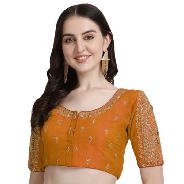 Generic Women's Phantom Silk Woven Round Neck Short Sleeve Readymade Blouse (Yellow, Free Size)