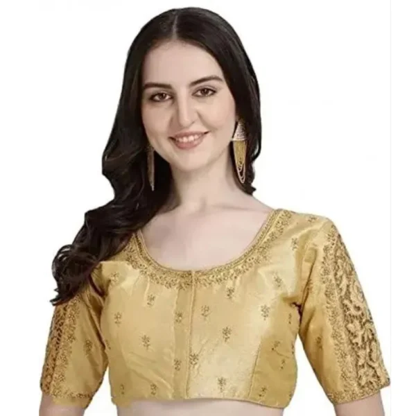 Generic Women's Phantom Silk Woven Round Neck Short Sleeve Readymade Blouse (Golden, Free Size)