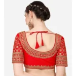 Generic Women's Silk Embroidery Coding Round Neck Short Sleeve Readymade Blouse (Red, Free Size) - Image 3