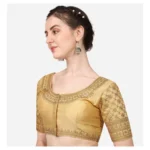 Generic Women's Silk Embroidery Coding Round Neck Short Sleeve Readymade Blouse (Golden, Free Size) - Image 2