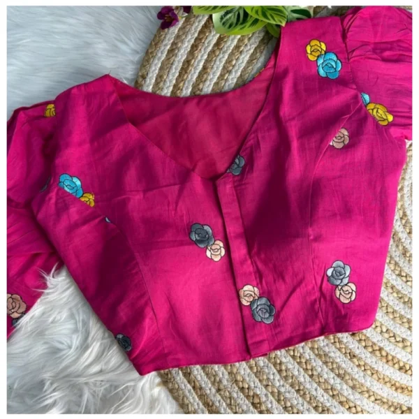 Generic Women's Khadi Cotton Embroidery V Neck Short Sleeve Readymade Blouse (Pink, Free Size)