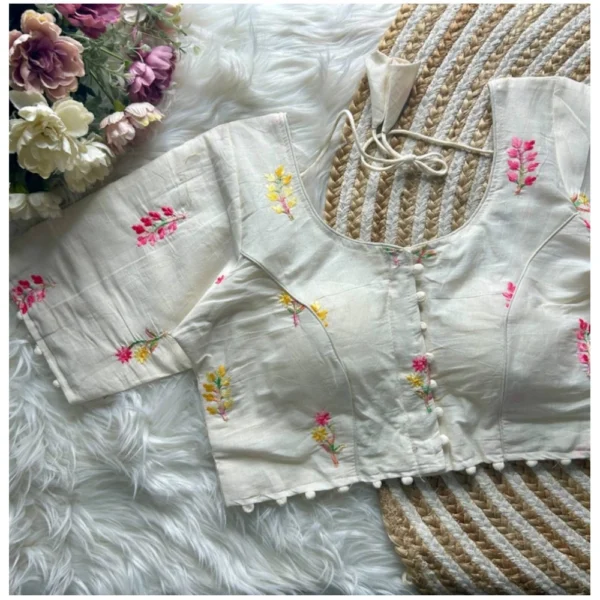 Generic Women's Khadi Cotton Embroidery Round Neck Short Sleeve Readymade Blouse (White, Free Size)