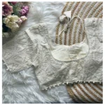 Generic Women's Khadi Cotton Embroidery Round Neck Short Sleeve Readymade Blouse (White, Free Size) - Image 2