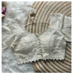 Generic Women's Khadi Cotton Embroidery Round Neck Short Sleeve Readymade Blouse (White, Free Size)