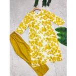 Generic Women's Rayon Printed Round Neck 3-4th Sleeve Kurti With Pant Set (Yellow)
