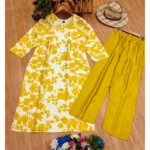 Generic Women's Rayon Printed Round Neck 3-4th Sleeve Kurti With Pant Set (Yellow) - Image 3