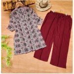 Generic Women's Muslin Printed Mandarin Collar 3-4th Sleeve Kurti With Pant Set (Red Grey)