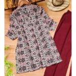 Generic Women's Muslin Printed Mandarin Collar 3-4th Sleeve Kurti With Pant Set (Red Grey) - Image 4