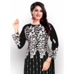 Generic Women's Georgette Printed Round Neck 3-4 th Sleeve Kurti (Black)