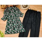 Generic Women's Muslin Printed Mandarin Collar 3-4th Sleeve Kurti With Pant Set (Green) - Image 3