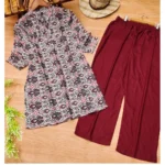 Generic Women's Muslin Printed Mandarin Collar 3-4th Sleeve Kurti With Pant Set (Red Grey) - Image 3