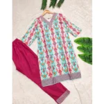 Generic Women's Rayon Printed V Neck 3-4th Sleeve Kurti With Pant Set (Pink) - Image 4