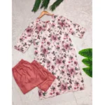 Generic Women's Rayon Printed Round Neck 3-4th Sleeve Kurti With Pant Set (Peach)