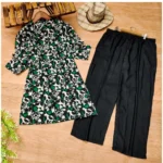 Generic Women's Muslin Printed Mandarin Collar 3-4th Sleeve Kurti With Pant Set (Green)