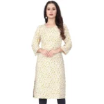 Generic Women's Rayon Printed Round Neck 3-4th Sleeve Kurti (White)