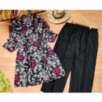 Generic Women's Muslin Printed Mandarin Collar 3-4th Sleeve Kurti With Pant Set (Grey) - Image 4