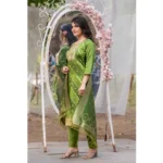 Generic Women's Polyster Printed Round Neck Kurti with Pant and Dupatta Set (Green) - Image 4