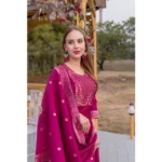 Generic Women's Cotton Blend Printed Round Neck Kurti with Pant and Dupatta Set (Pink) - Image 3