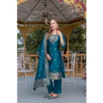 Generic Women's Cotton Blend Printed Round Neck Kurti with Pant and Dupatta Set (Blue) - Image 4