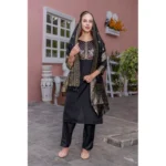 Generic Women's Rayon Printed Round Neck Kurti with Pant and Dupatta Set (Black)