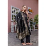 Generic Women's Rayon Printed Round Neck Kurti with Pant and Dupatta Set (Black) - Image 5