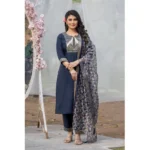 Generic Women's Rayon Printed V Neck Kurti with Pant and Dupatta Set (Navy Blue)