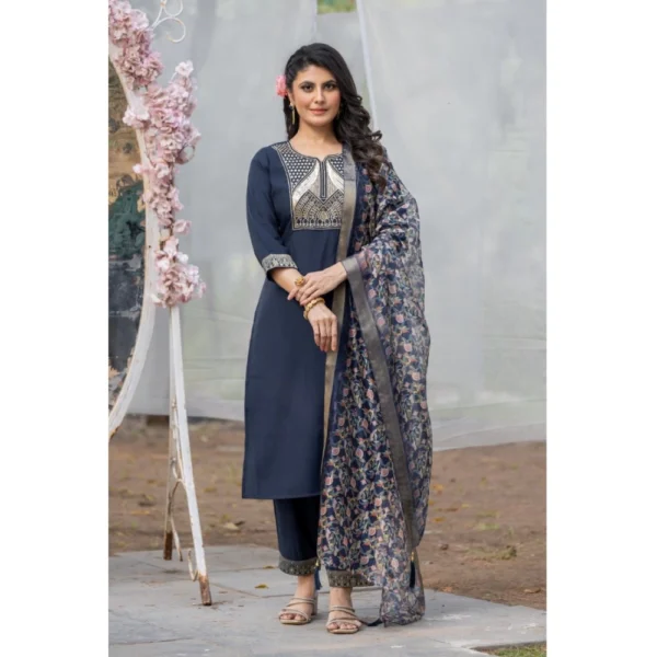 Generic Women's Rayon Printed V Neck Kurti with Pant and Dupatta Set (Navy Blue)