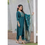 Generic Women's Rayon Printed Round Neck Kurti with Pant and Dupatta Set (Green) - Image 3