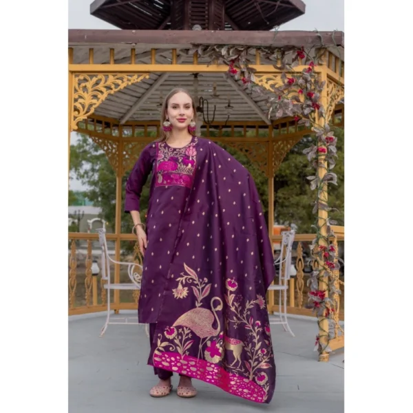 Generic Women's Cotton Blend Printed Round Neck Kurti with Pant and Dupatta Set (Purple)