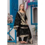 Generic Women's Cotton Blend Printed Round Neck Kurti with Pant and Dupatta Set (Black) - Image 4
