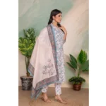 Generic Women's Cotton Blend Printed V Neck Kurti with Pant and Dupatta Set (Light Pink) - Image 3