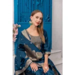 Generic Women's Cotton Blend Printed Round Neck Kurti with Pant and Dupatta Set (Blue) - Image 3