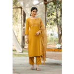 Generic Women's Rayon Printed Round Neck Kurti with Pant and Dupatta Set (Mustard yellow)