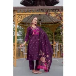 Generic Women's Cotton Blend Printed Round Neck Kurti with Pant and Dupatta Set (Purple) - Image 3