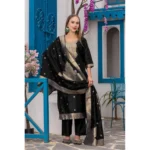 Generic Women's Cotton Blend Printed Round Neck Kurti with Pant and Dupatta Set (Black) - Image 3